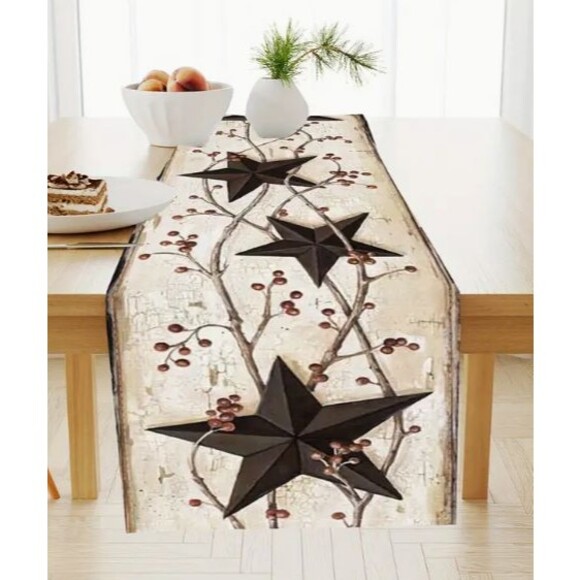 Table Runner 13x72in Woven Polyester Rustic Farmhouse Star & Vine - Picture 1 of 3